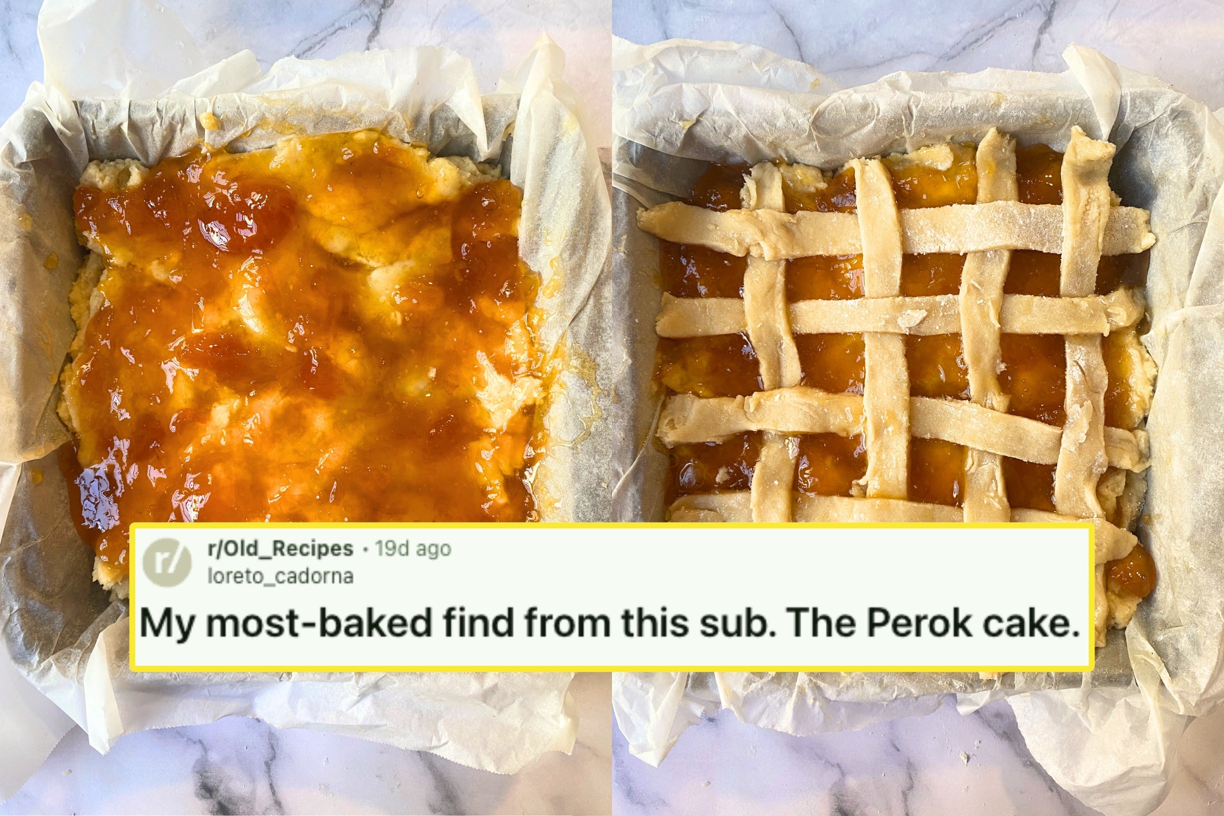 A homemade Perok cake is shown in two stages: dough spread with jam and topped with a lattice crust