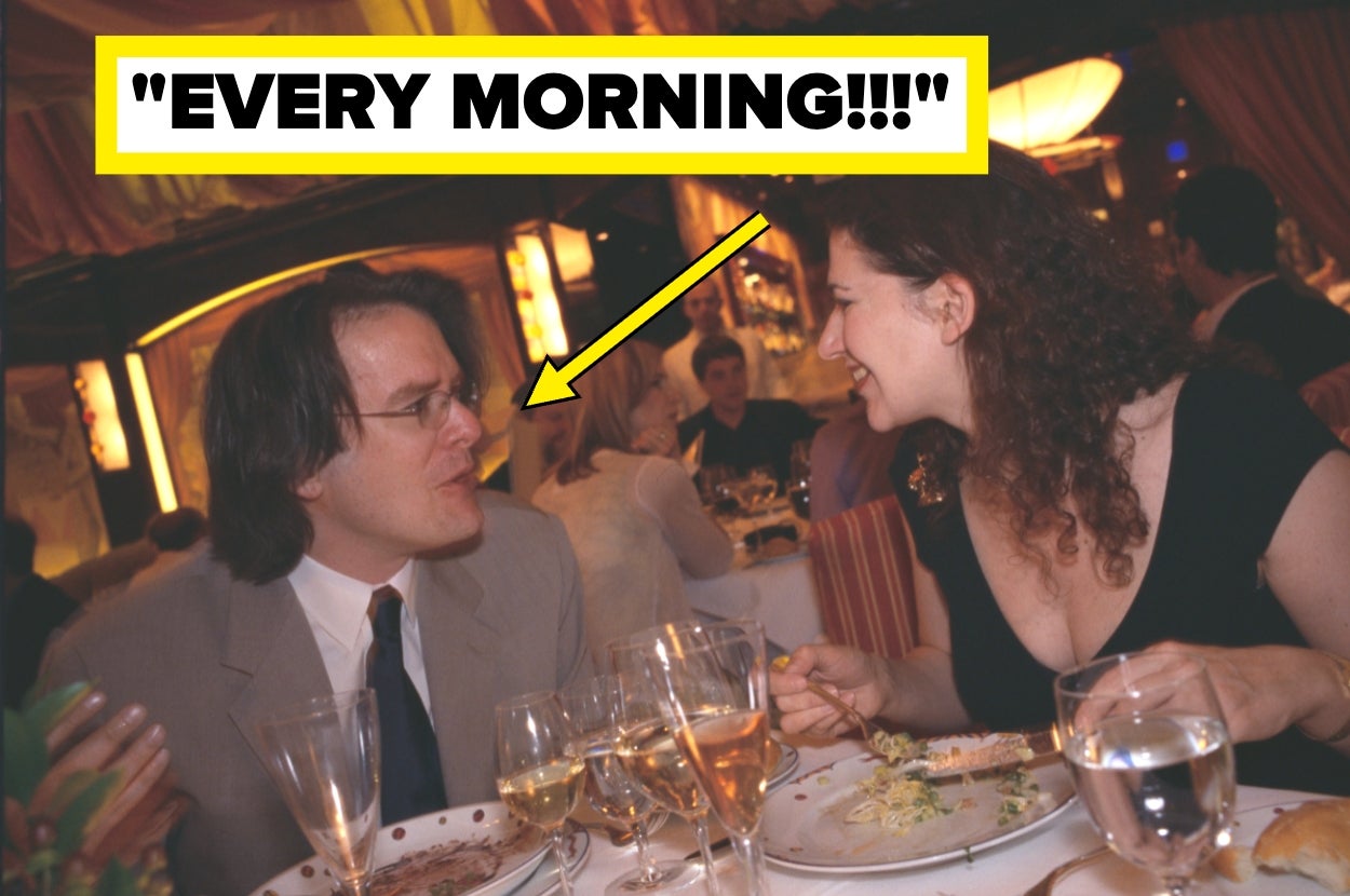 A couple in a lively discussion at a restaurant, with an emphasis on the woman's expression and animated gesture. Text reads, "EVERY MORNING!!!"