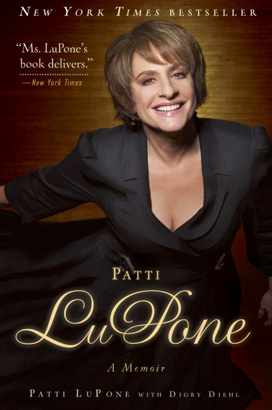 Cover of Patti LuPone's memoir featuring a smiling woman in an elegant dress beside positive reviews calling it a "New York Times bestseller."