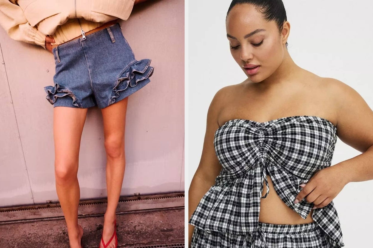 Two models showcase contrasting styles: one in a denim skirt with ruffles, and another in a checkered strapless top with a flowing detail