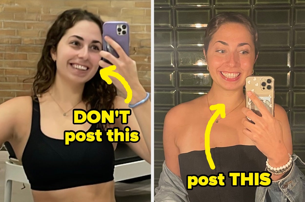 Two side-by-side selfies of a woman. Left: Sports bra with a "Don't post this" label. Right: Off-shoulder top with a "Post this" label