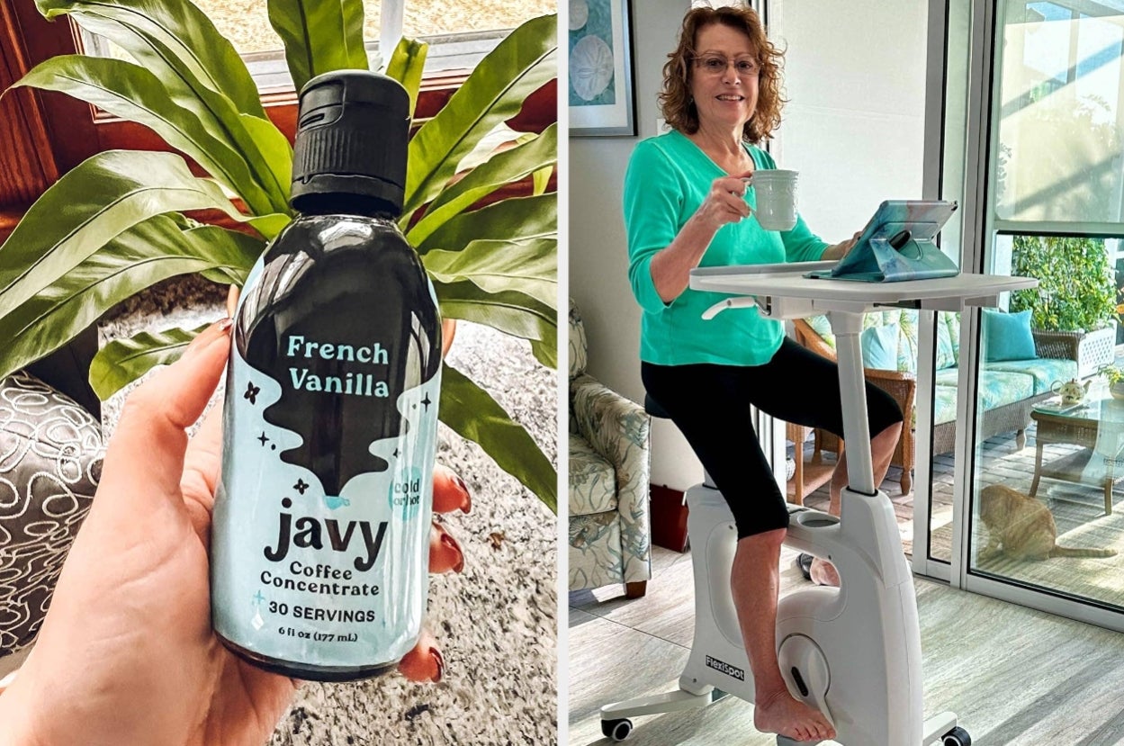 Hand holding Javy French Vanilla coffee concentrate bottle; person on exercise bike desk holding coffee