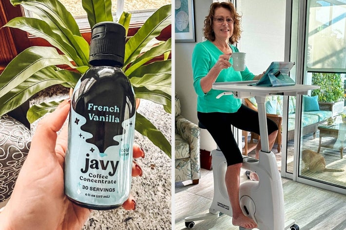 Hand holding Javy French Vanilla coffee concentrate bottle; person on exercise bike desk holding coffee