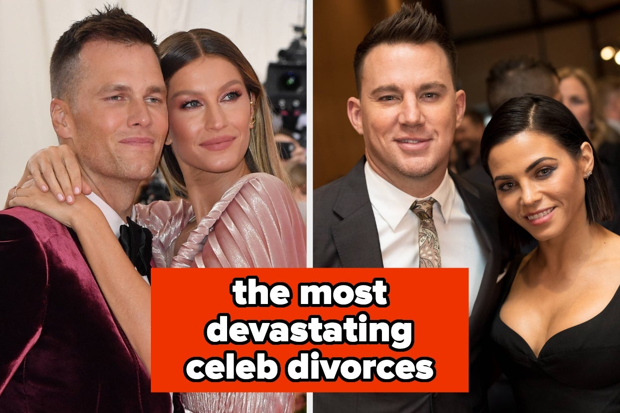 Split image of Tom Brady, Gisele Bündchen, Channing Tatum, and Jenna Dewan on the red carpet, text overlay: the most devastating celeb divorces