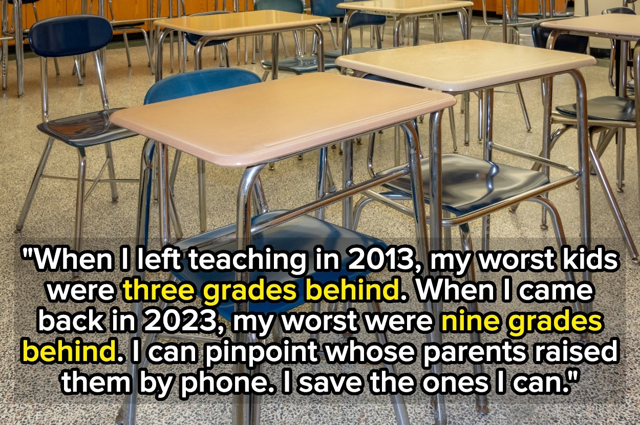 An empty classroom with a caption about students falling behind in school from 2013 to 2023 and challenges faced by teachers