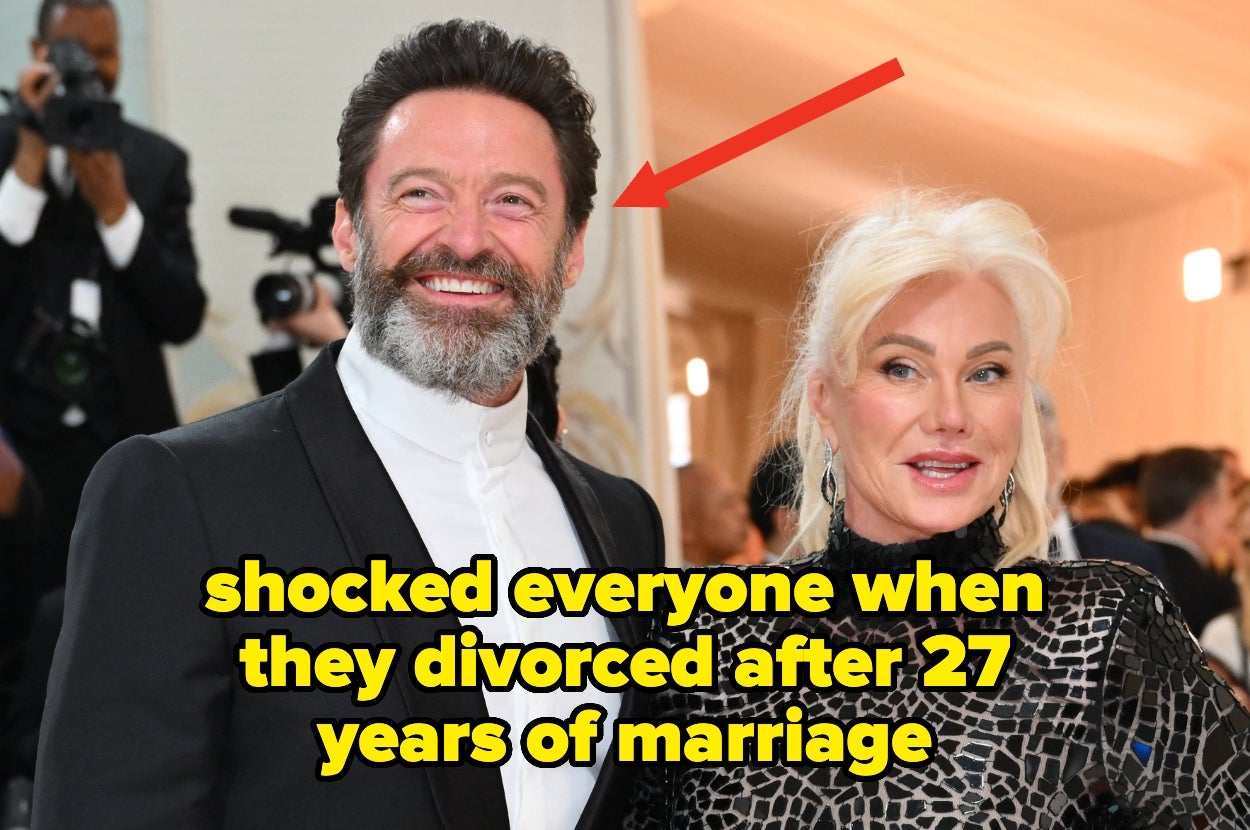 Hugh Jackman and Deborra-lee Furness on the red carpet, text overlay with a red arrow: shocked everyone when they divorced after 27 years of marriage