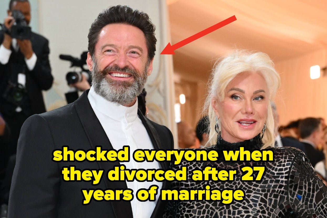 Hugh Jackman and Deborra-lee Furness on the red carpet, text overlay with a red arrow: shocked everyone when they divorced after 27 years of marriage