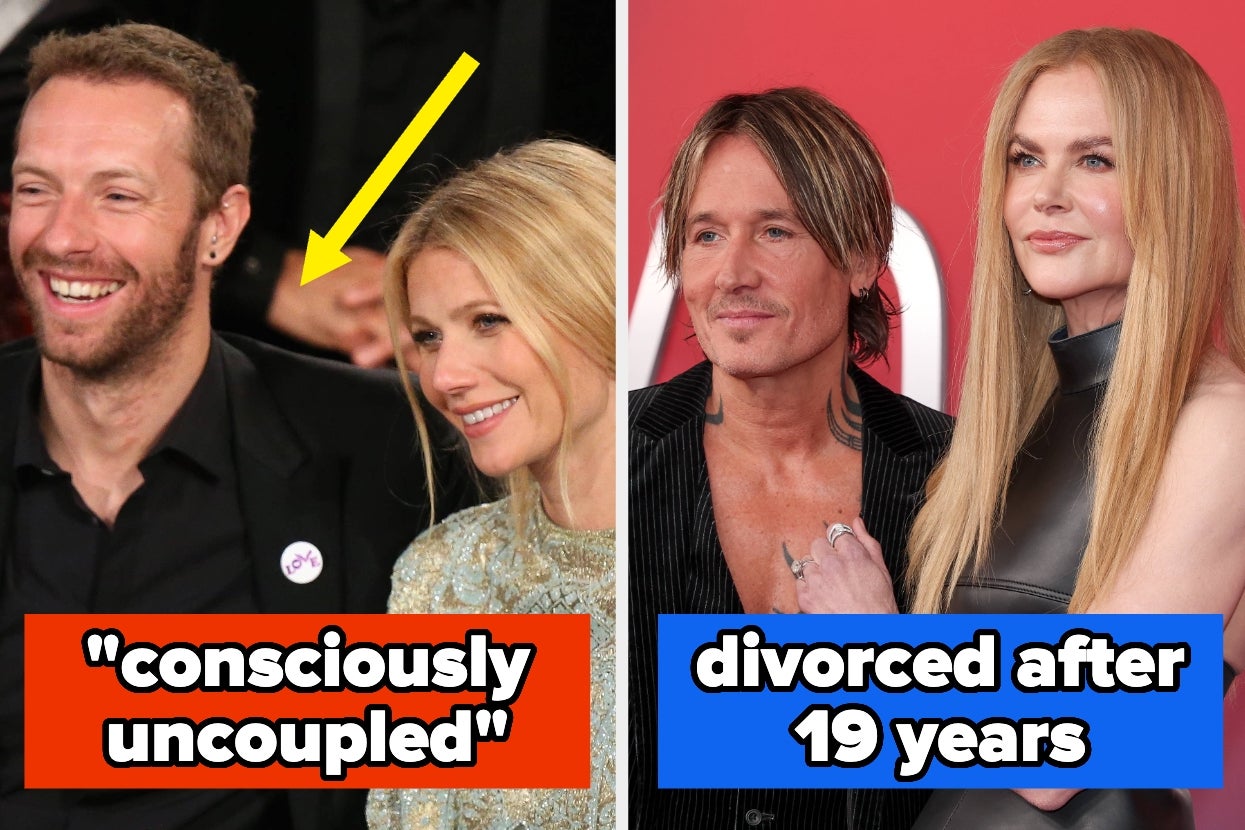 Split image of Chris Martin, Gwyneth Paltrow, Keith Urban, and Nicole Kidman on the red carpet, text overlay with a yellow arrow: "consciously uncoupled" / divorced after 19 years