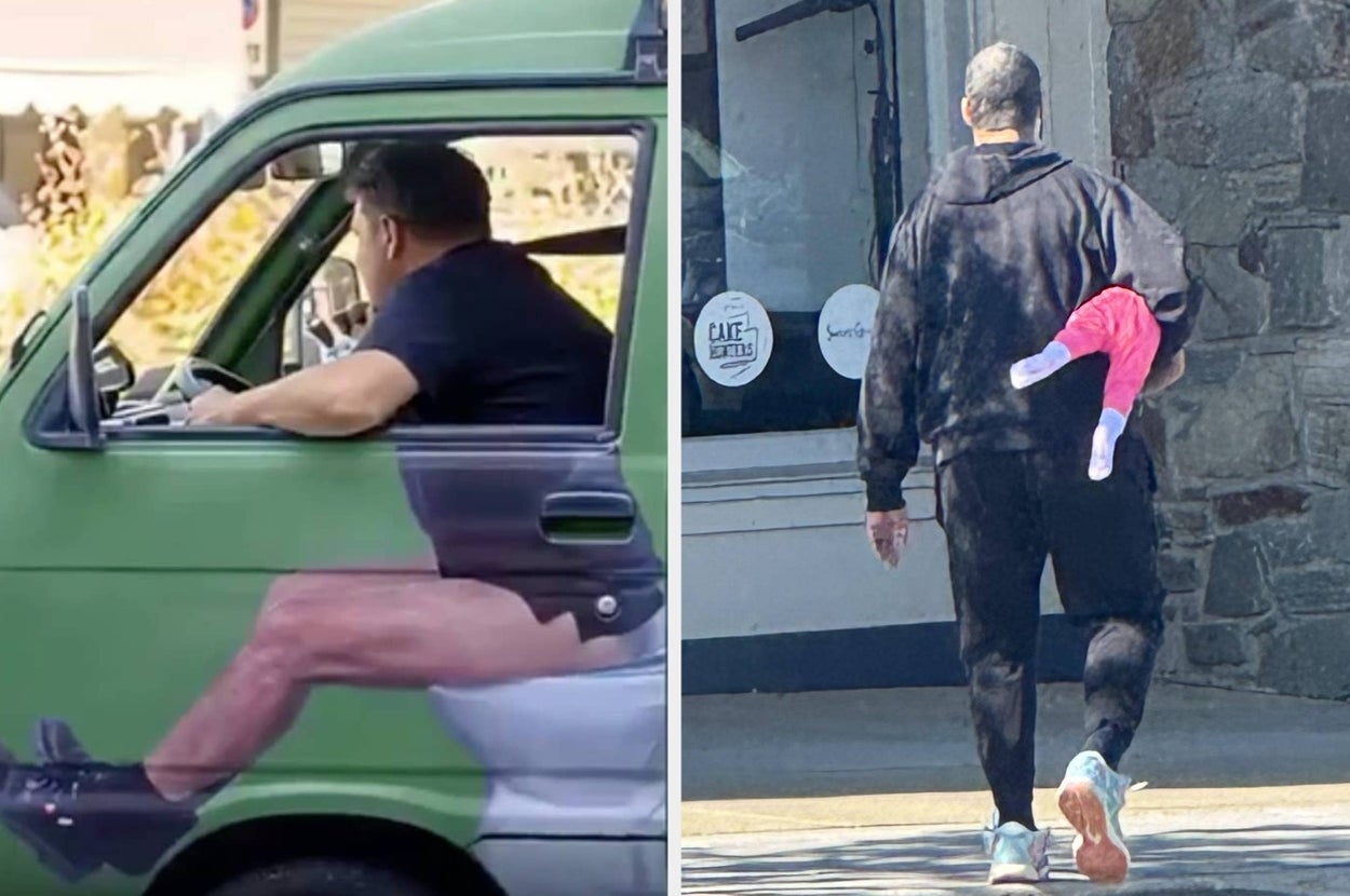 Man in van with humorous side decal of person sitting on a toilet; man walking with grocery bag and child's mannequin leg sticking out