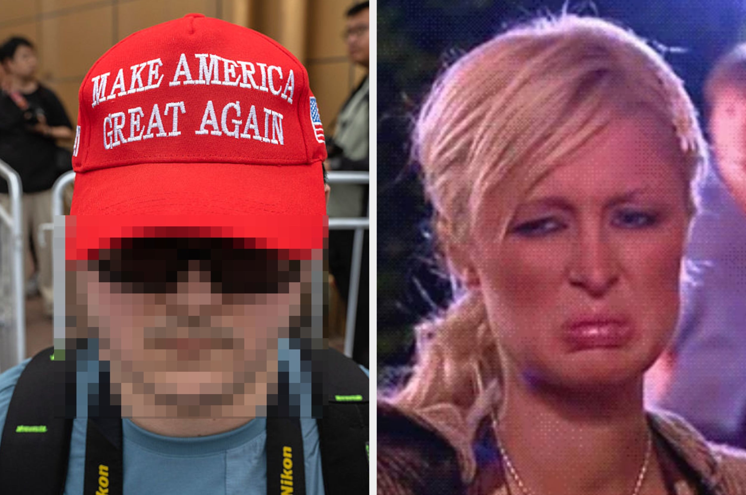 Left: Person with face blurred wearing a "Make America Great Again" hat. Right: Woman looking displeased at an event