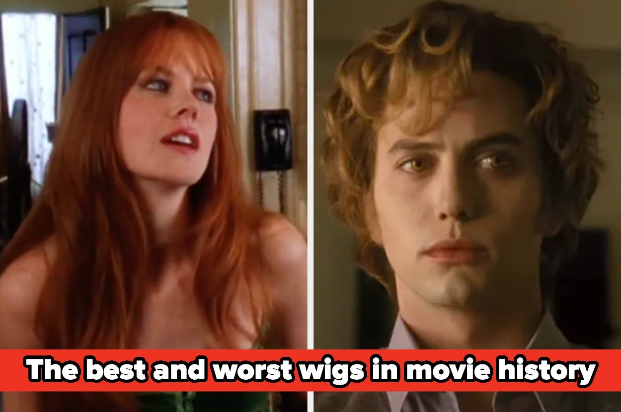 Two movie characters wearing wigs, with text: "The best and worst wigs in movie history."