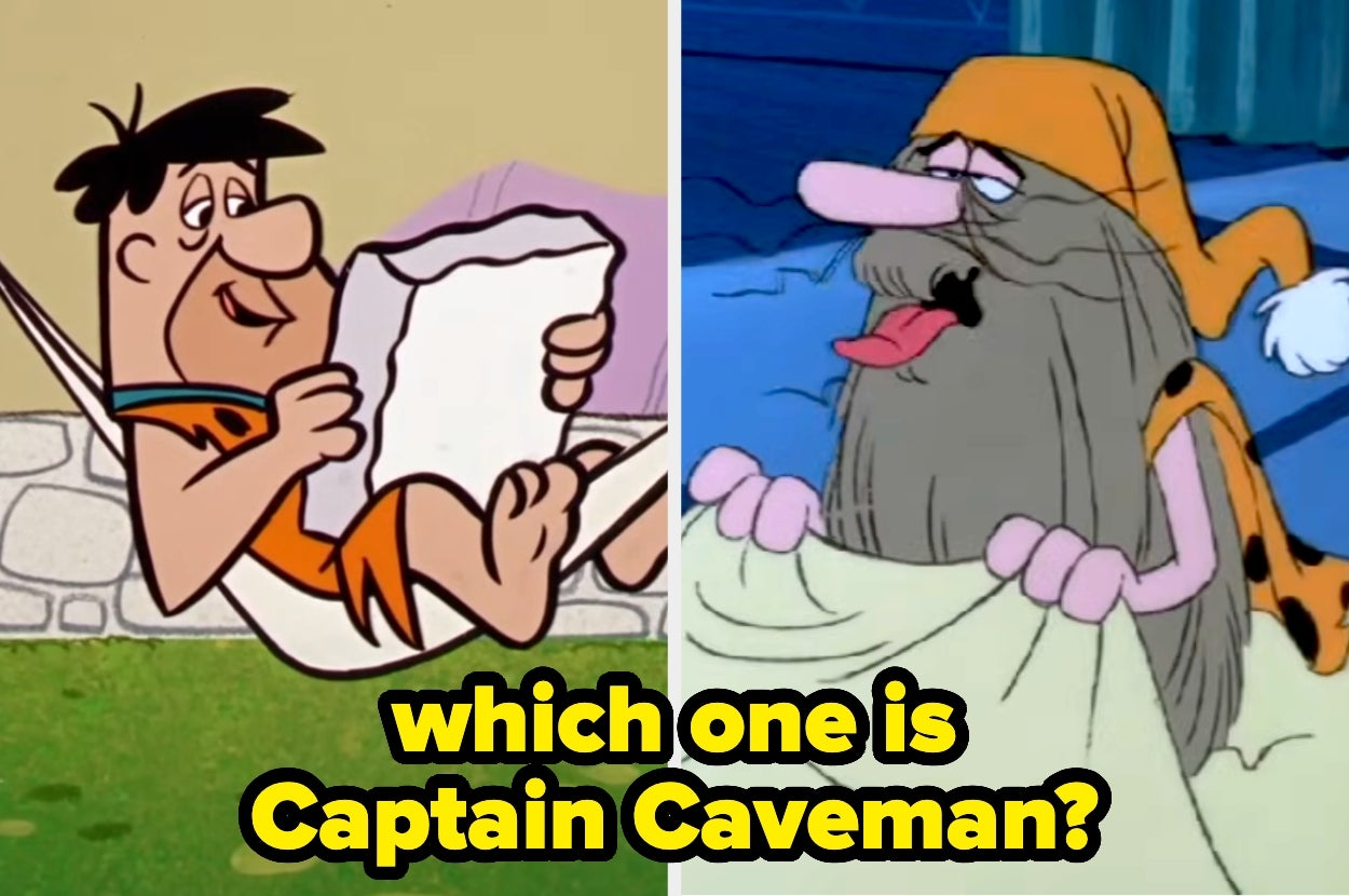 Split image: cartoon character Fred Flintstone in a hammock, and Captain Caveman beside him. Text asks which is Captain Caveman