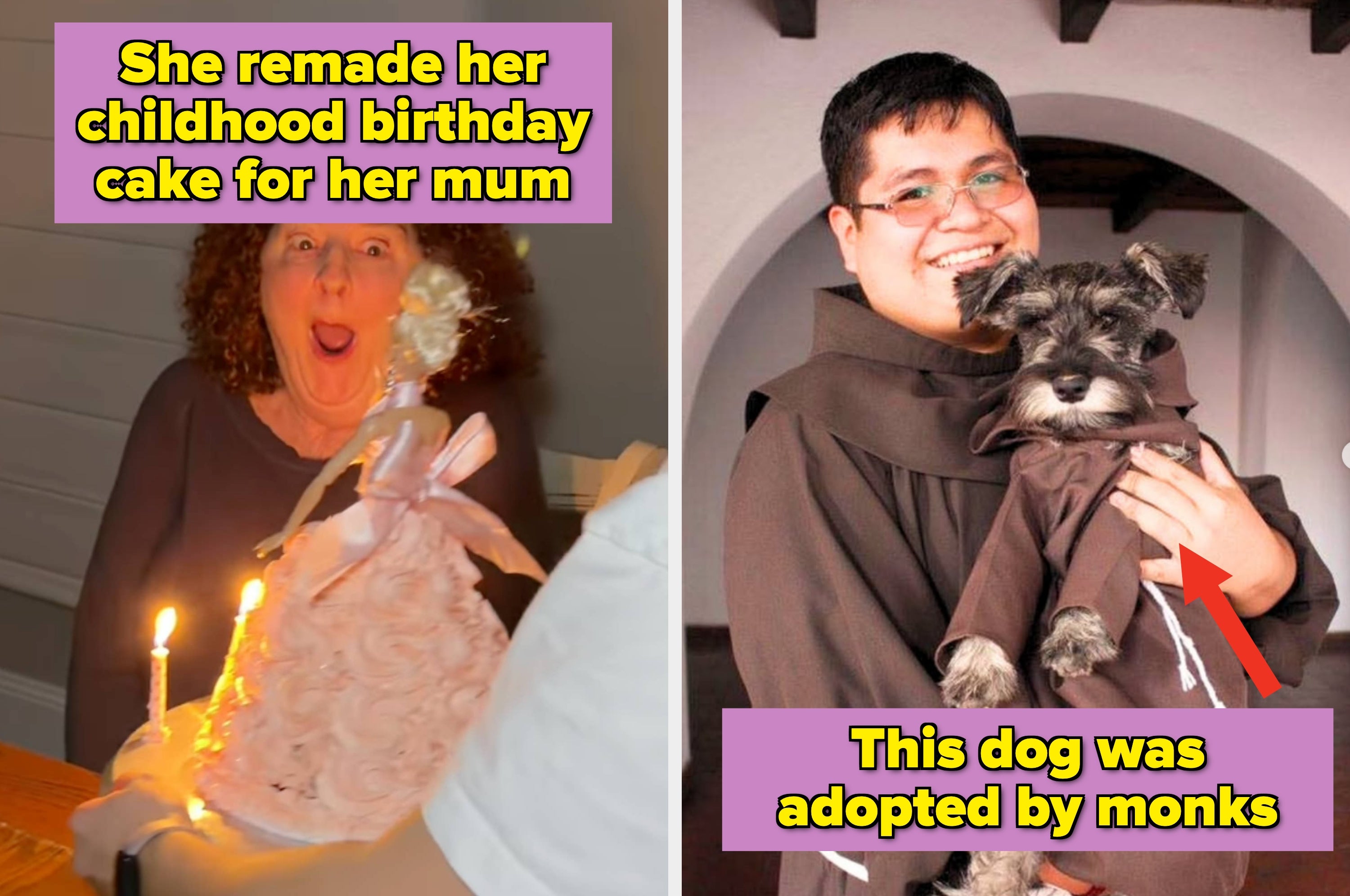Left: A father holds his daughter in a store. Right: A man in a robe holds a dog dressed similarly, text about an abandoned dog named Brother Whiskers