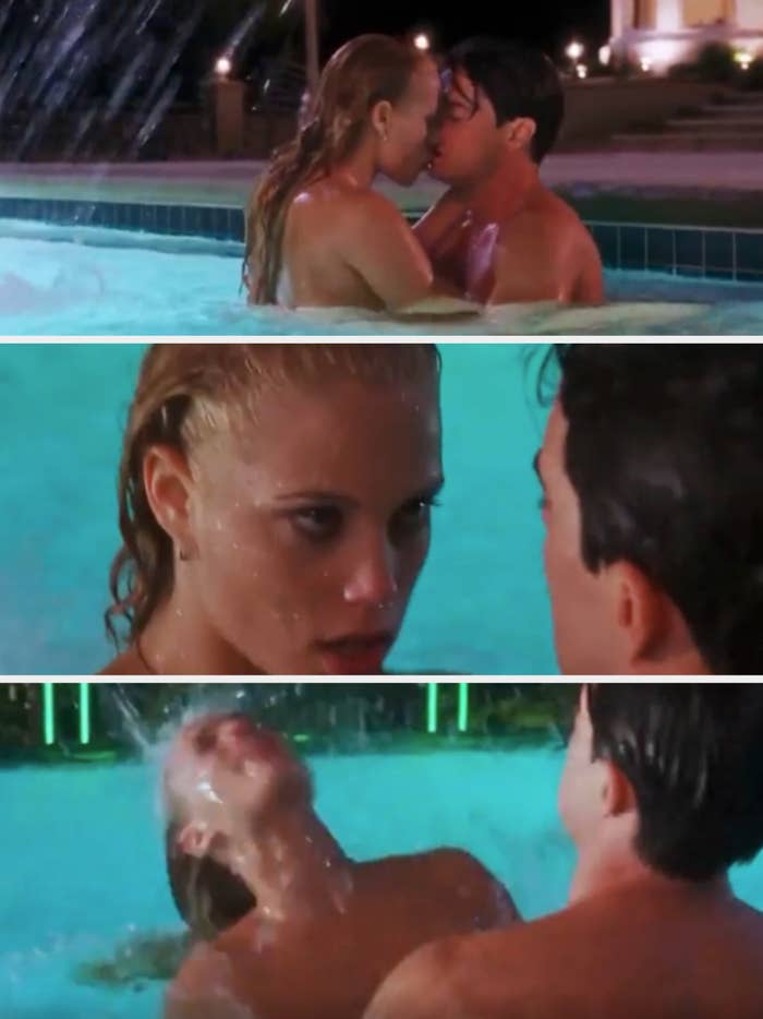 Scene from Showgirls successful  which 2  characters clasp  intimately  successful  a excavation  astatine  night, with h2o  cascading astir   them
