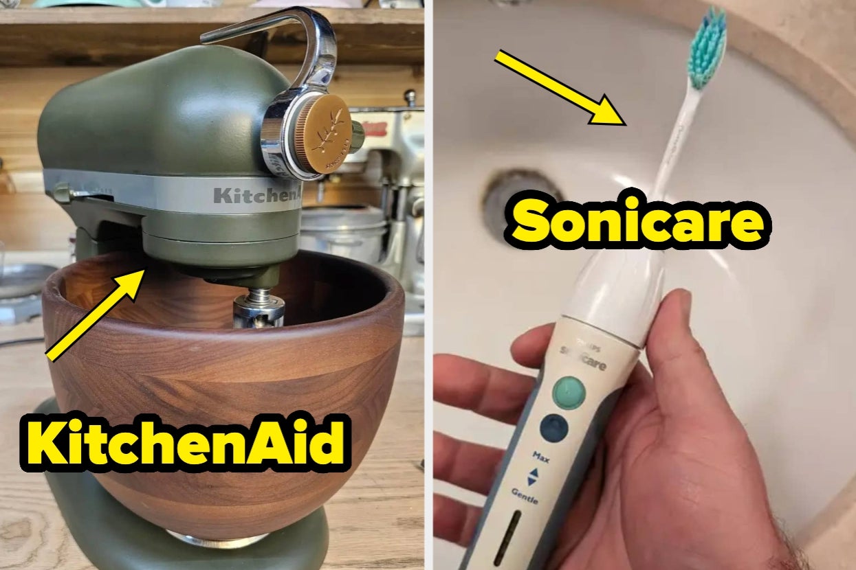 Composite image shows a KitchenAid mixer with wood detail and a Sonicare toothbrush in hand near a sink