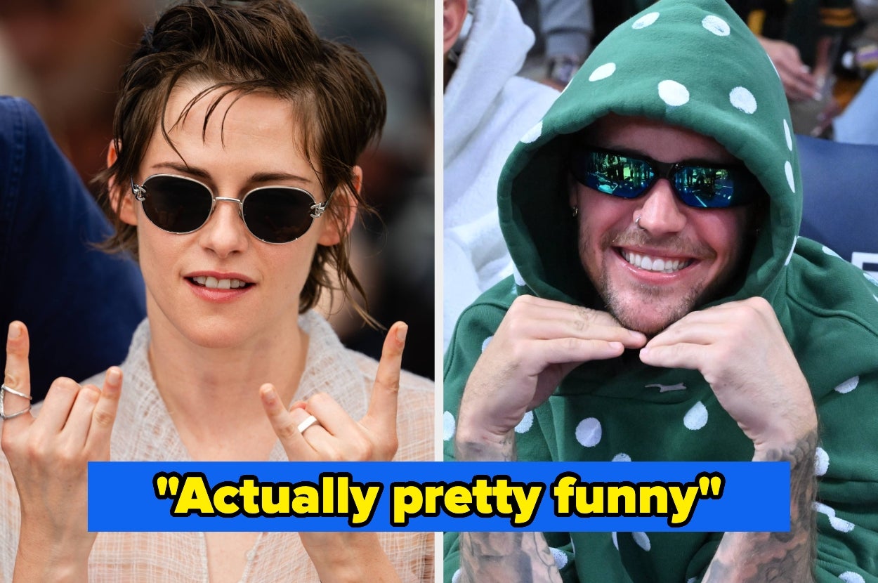 Two celebrities, one in sunglasses and casual shirt, the other in a polka-dot hoodie and sunglasses, both making playful gestures. Text: "Actually pretty funny."