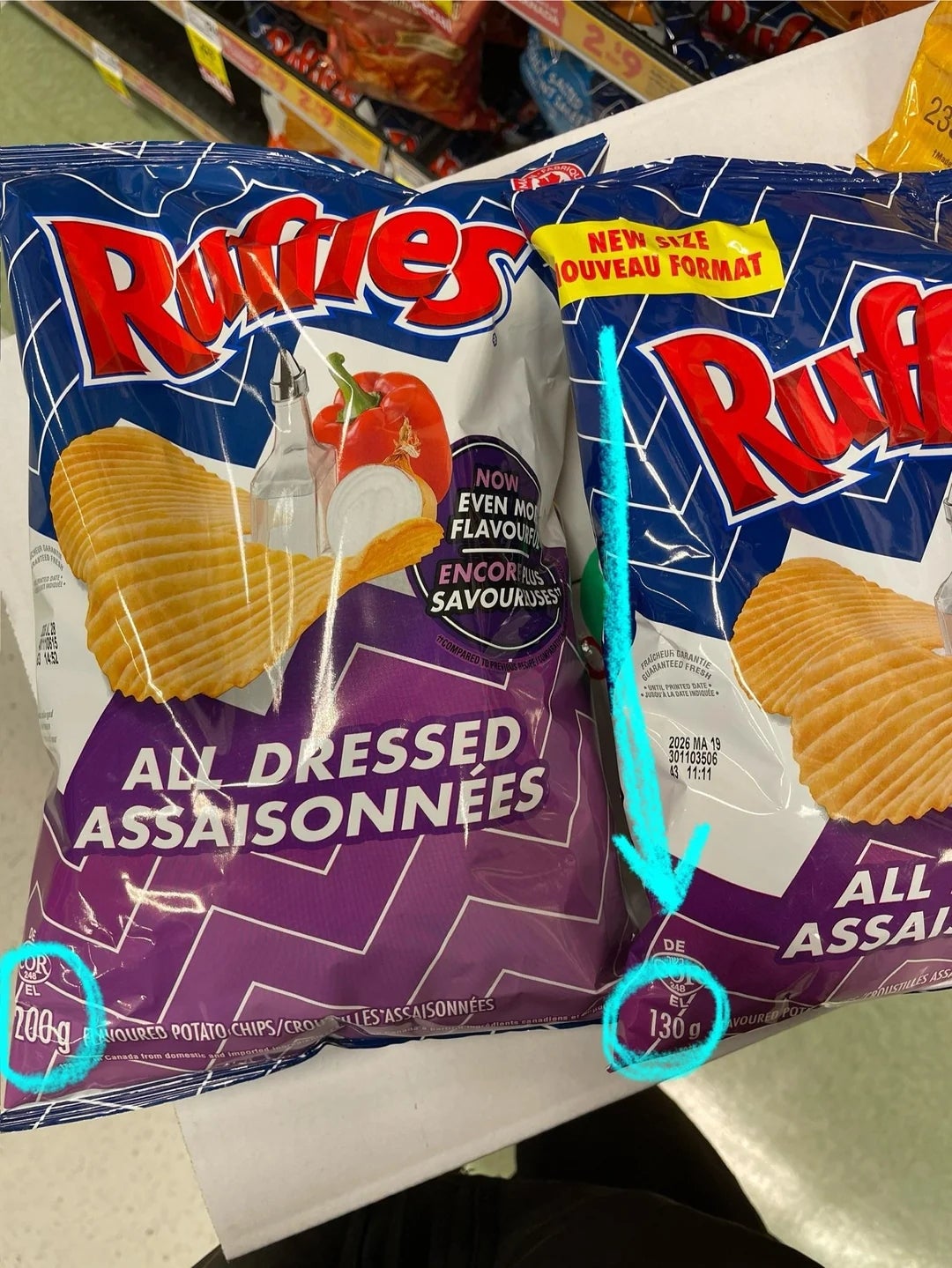  1  200g and the different   130g, with a "New Style" statement   connected  the smaller bag