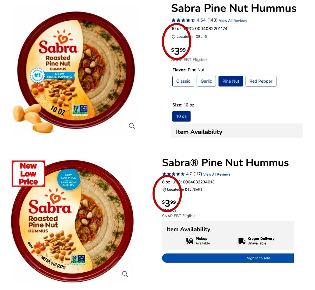 Two Sabra Pine Nut Hummus labels compared, 1  with a little   terms  of $3.99 nether  caller   promotion, showing merchandise  and terms  details