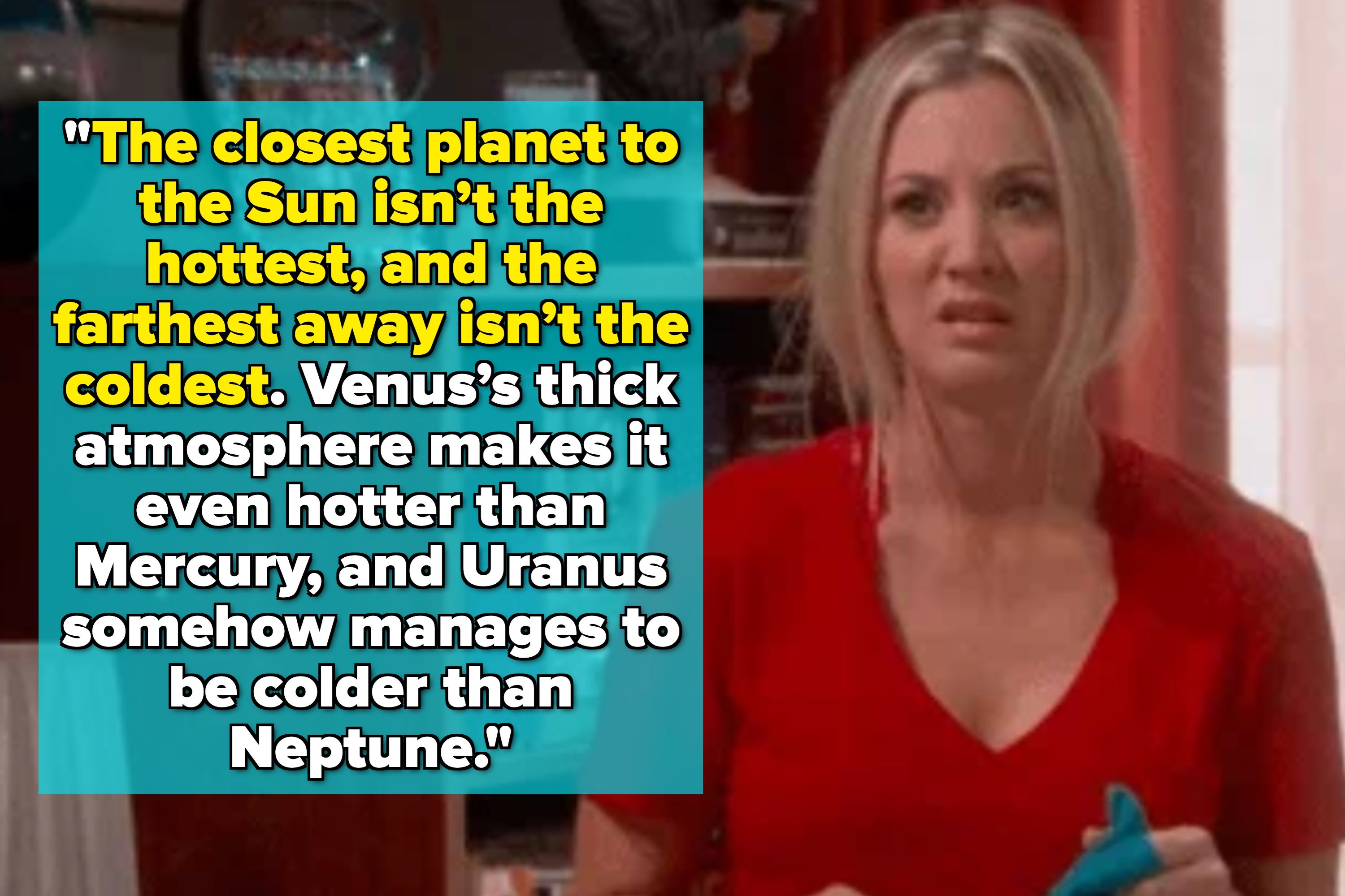 Woman in red shirt holds a remote, with a quote about atomic size and the world population fitting into a sugar cube