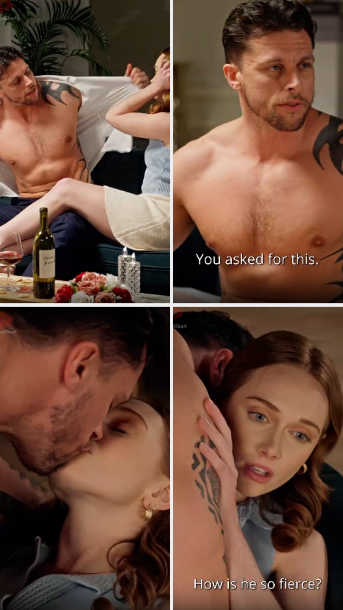 Four panels amusement a shirtless antheral with a tattoo successful an aggravated country with a woman. They buss successful the 3rd panel