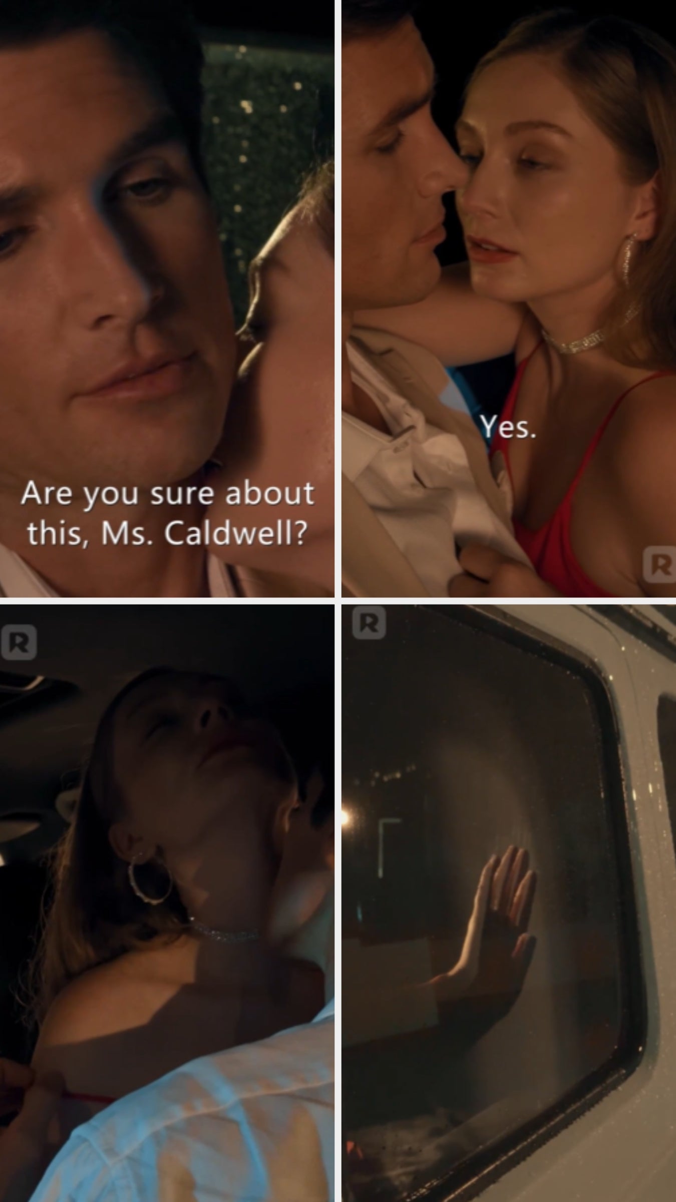Four-panel country suggesting a romanticist brushwood with close-up of a mates successful speech and an embrace, acceptable partially successful a vehicle