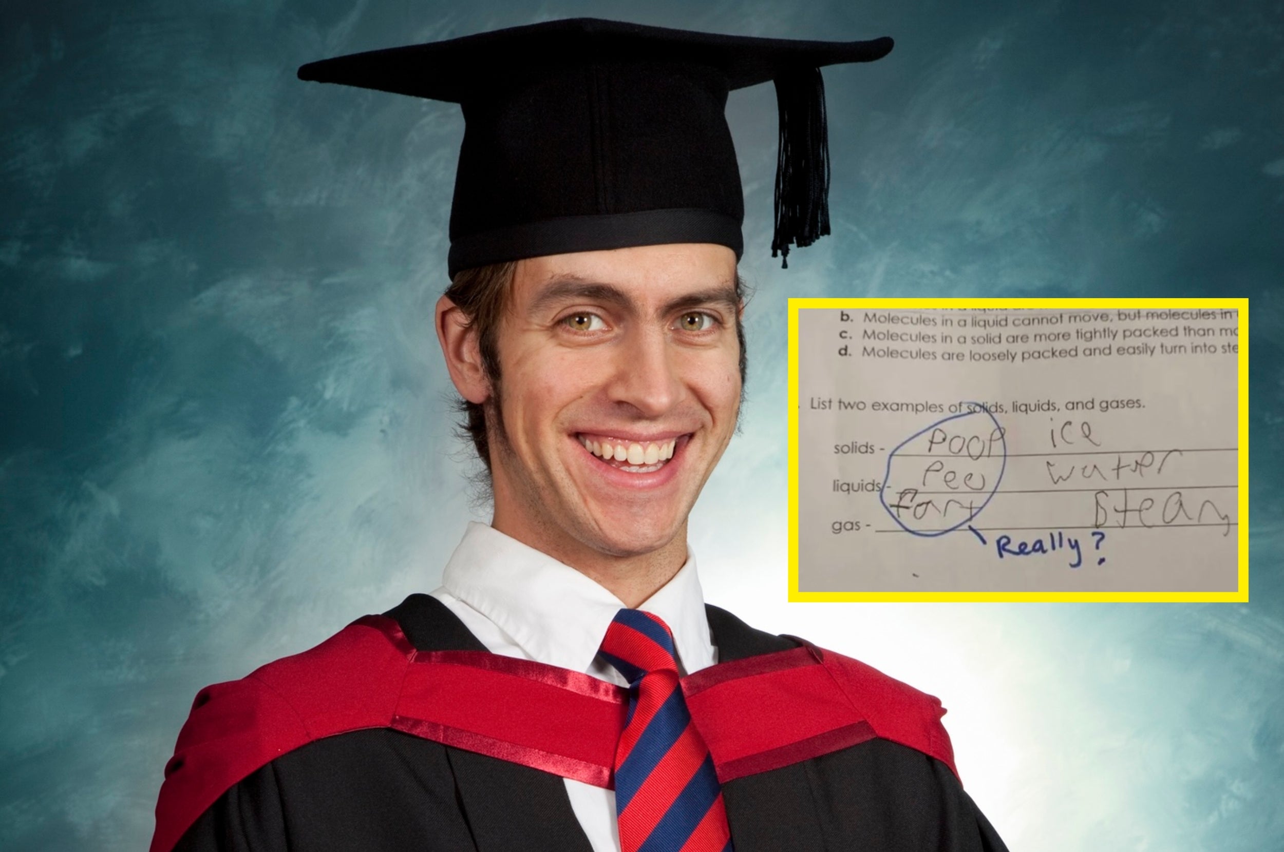 Man in graduation attire smiling with a humorous student answer on paper about states of matter, including "poo" for solids