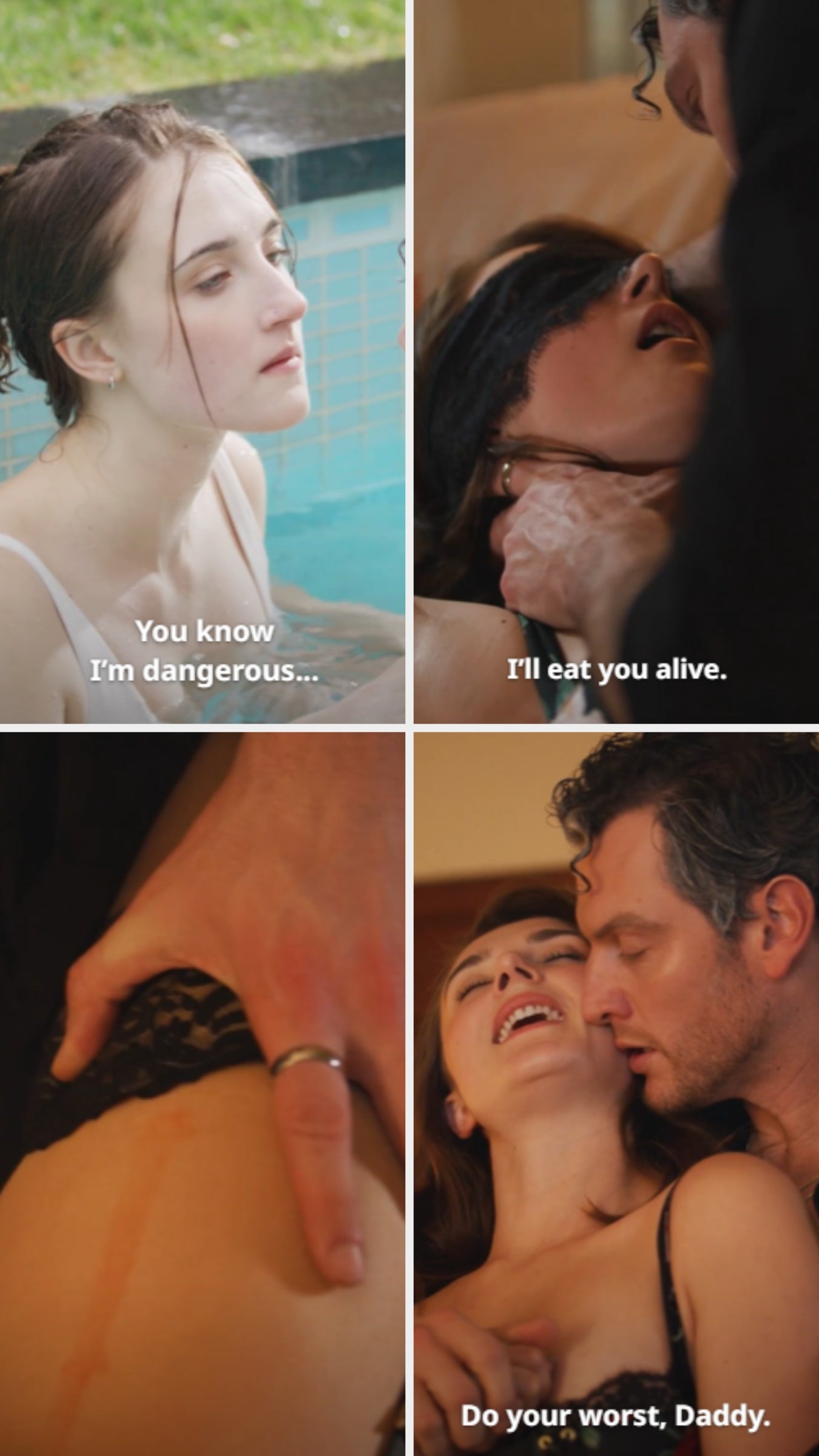 A collage of aggravated scenes from a melodramatic TV show, with characters expressing passionateness and hostility successful close-up interactions