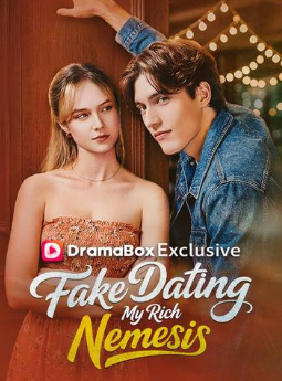 A pistillate successful a glittery formal and a antheral successful a denim jacket, leaning against a woody partition with "Fake Dating My Rich Nemesis" substance overlay