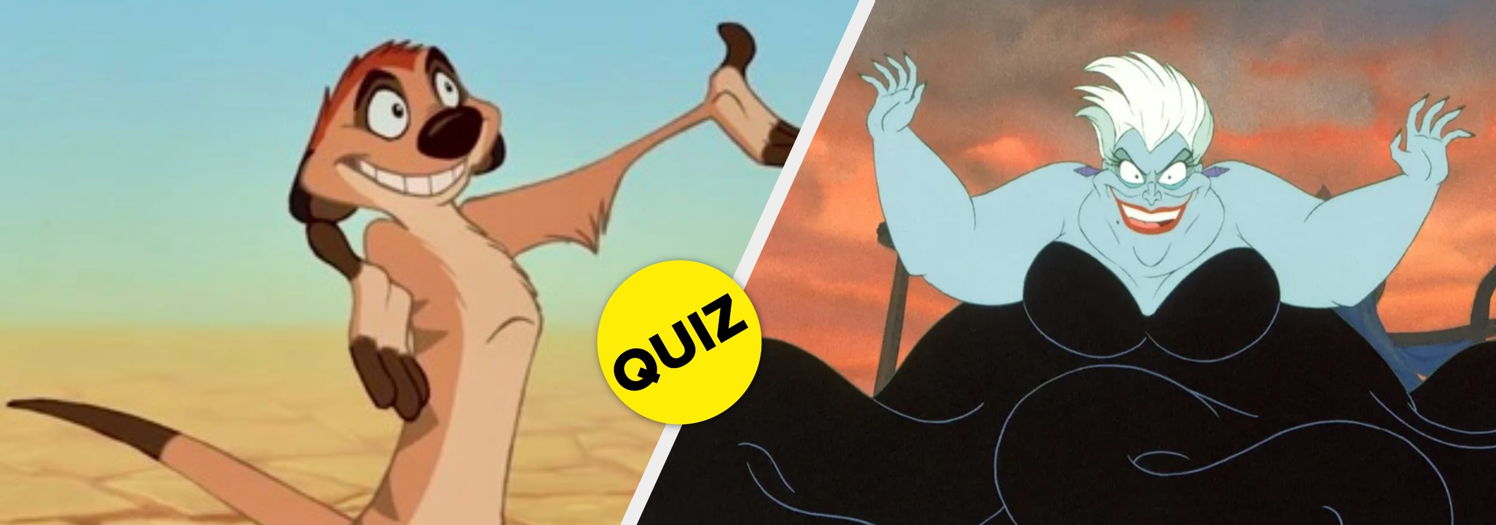 Timon from "The Lion King" and Ursula from "The Little Mermaid" are featured side by side. A "QUIZ" icon appears above Ursula
