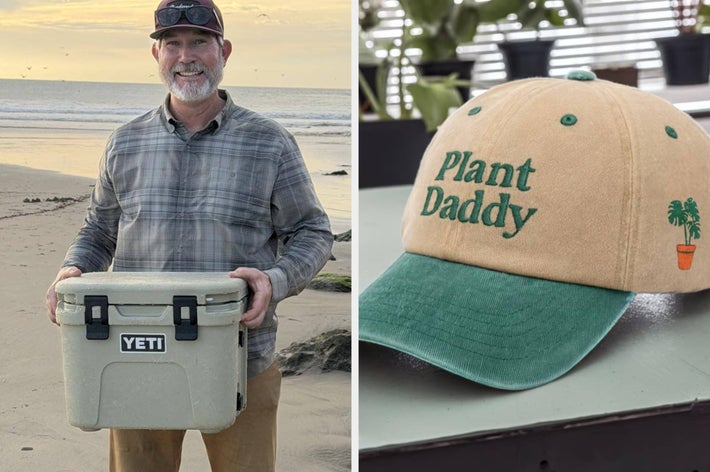 Man holding a YETI cooler on a beach; outdoor lounge chair with cushion and small table on a patio