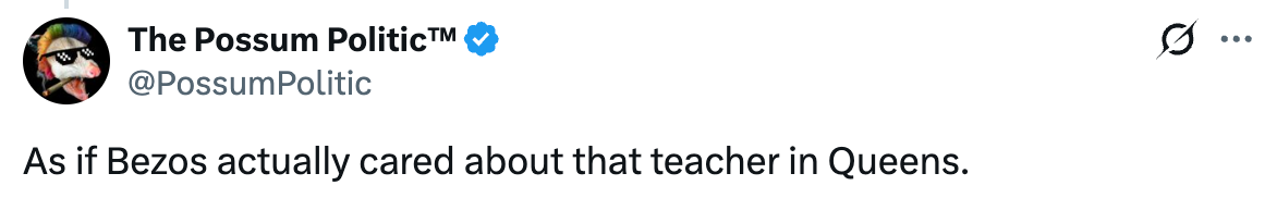 Tweet reads "As if Bezos actually cared about that teacher in Queens"
