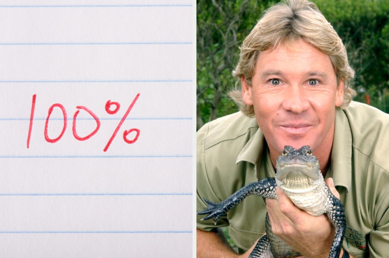 Person smiling while holding a young crocodile; a notebook page shows "100%" written in red