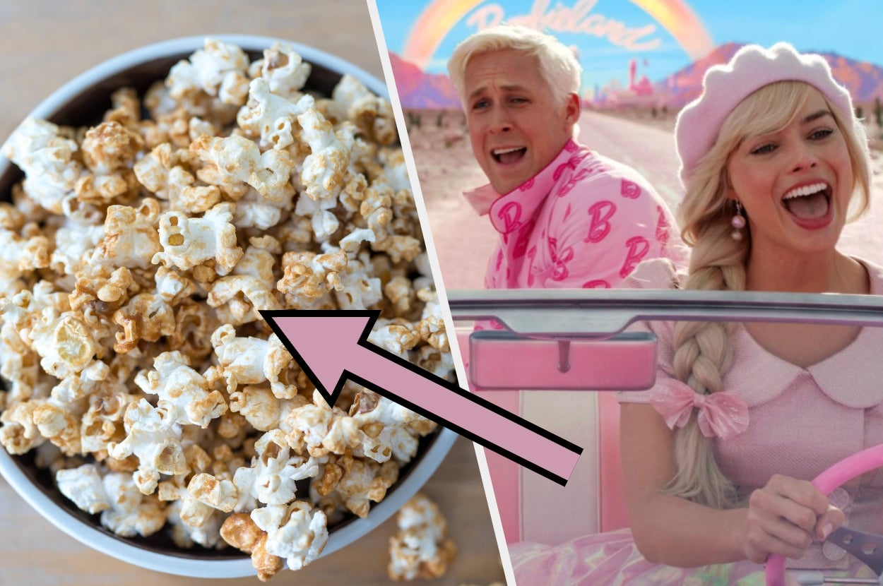 Bowl of caramel popcorn with a pink arrow pointing to a split image of two people in retro, colorful outfits driving with smiles