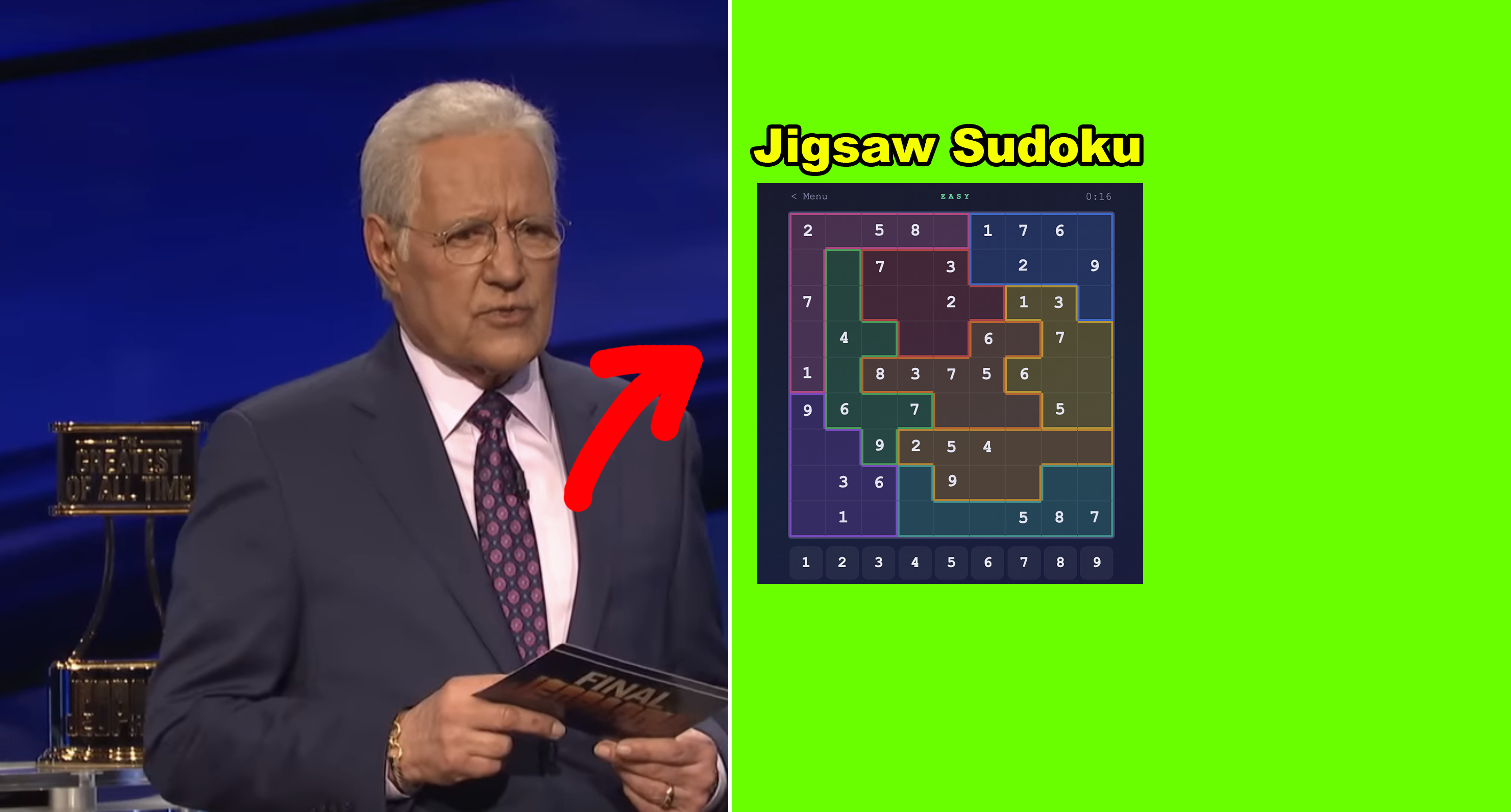 Man in suit and glasses holding card next to a colorful jigsaw sudoku puzzle graphic with numbers