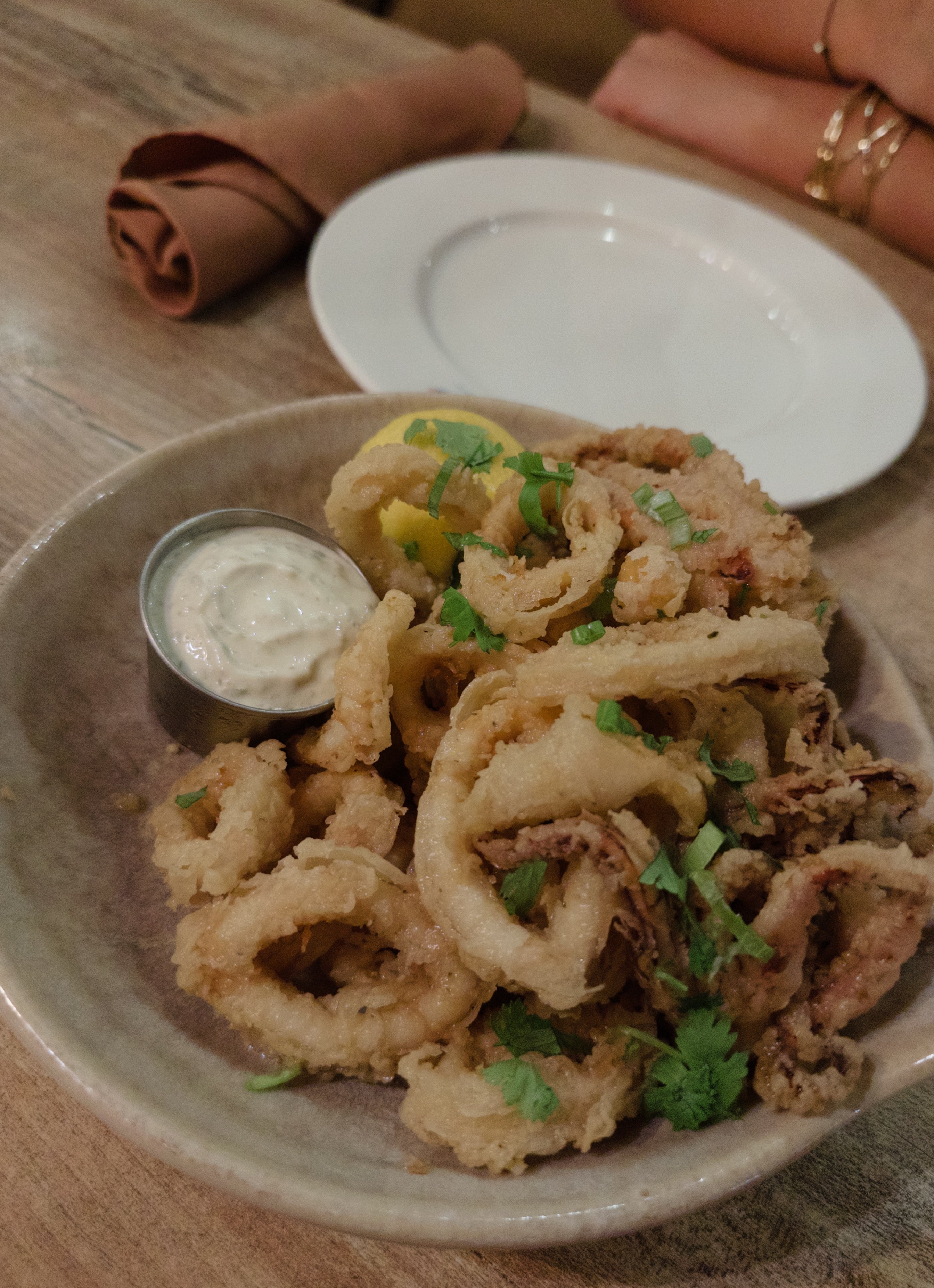 Plate of crispy fried calamari garnished with herbs, served with lemon slices and a side of dipping sauce on a wooden table