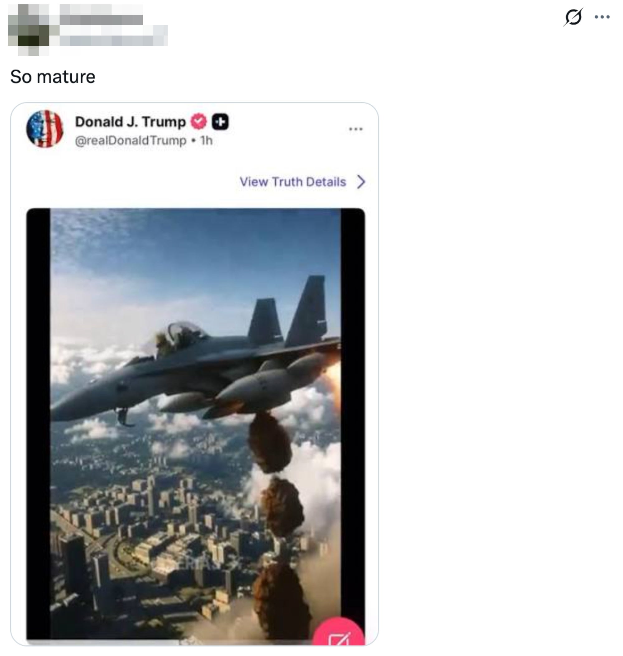 Tweet reads "So mature" with a screenshot from Trump's truth social video of him dropping poop out of a jet onto protestors