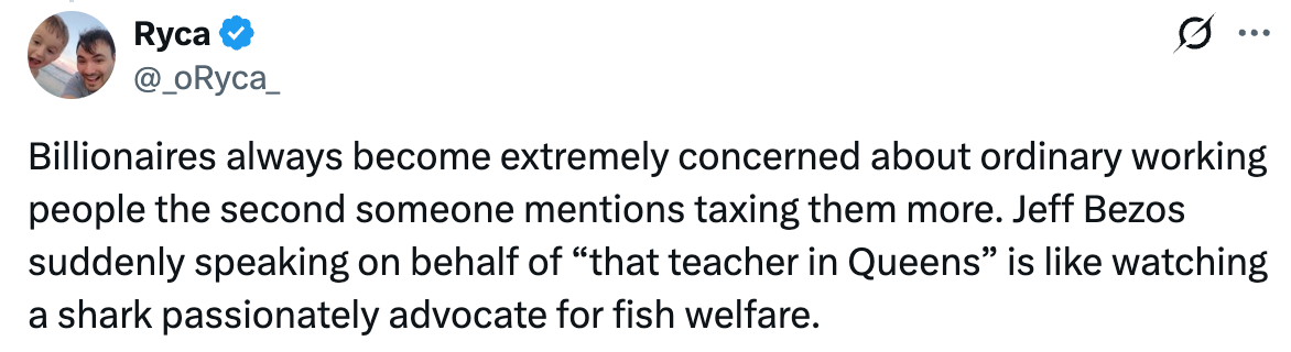 Tweet compares billionaires' concern for workers when taxes are discussed to sharks advocating for fish welfare