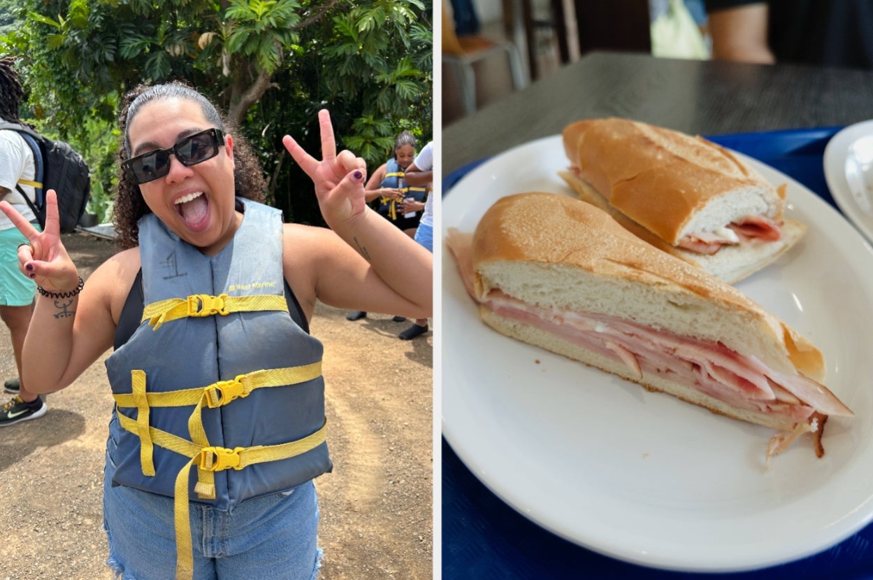 Person in life vest smiling and posing with peace signs outdoors; sandwich with layers of meat on a white plate