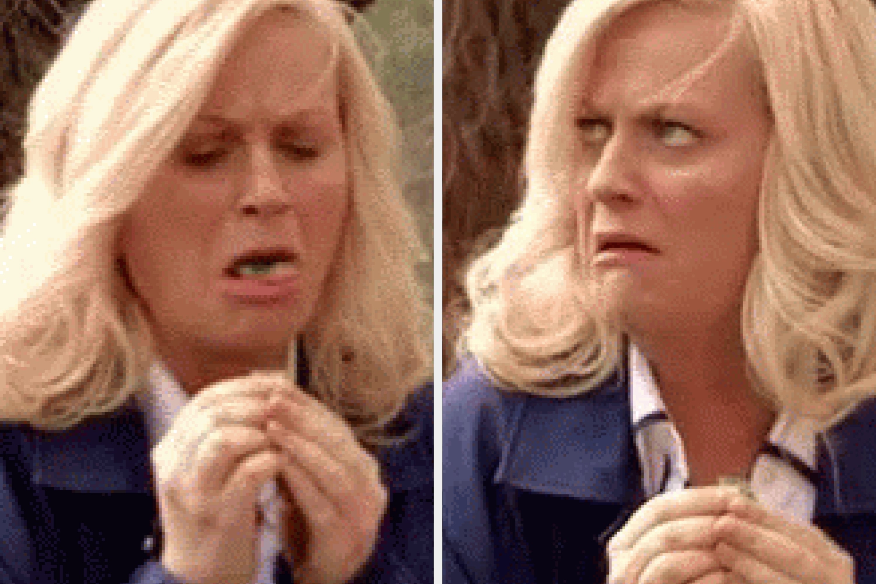 A person with blonde hair makes funny, disgusted facial expressions in two side-by-side close-up photos