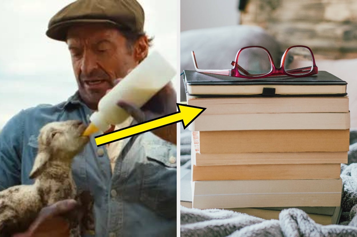 A man bottle-feeds a lamb on the left; a stack of books with glasses on top is on the right