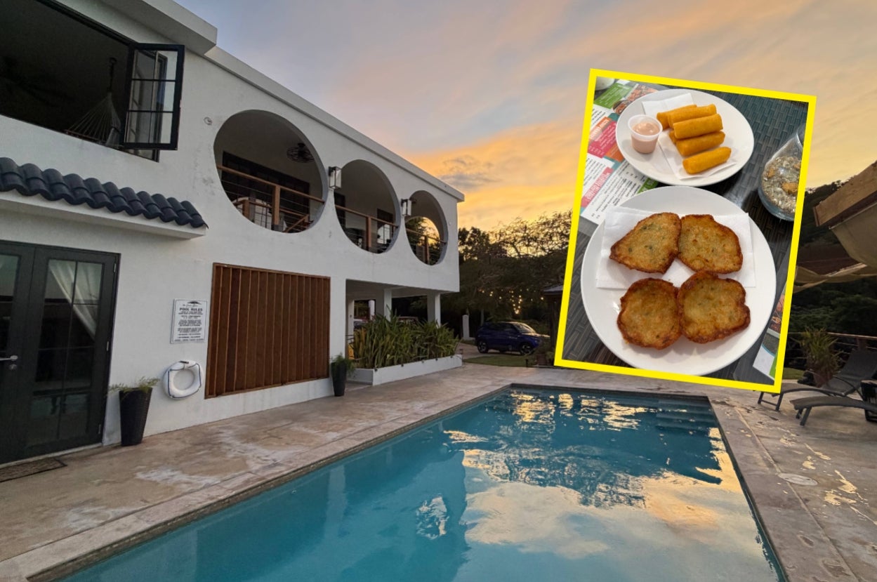 A scenic poolside view with a close-up inset of crispy fried food and spring rolls on a plate, set against an outdoor dining space