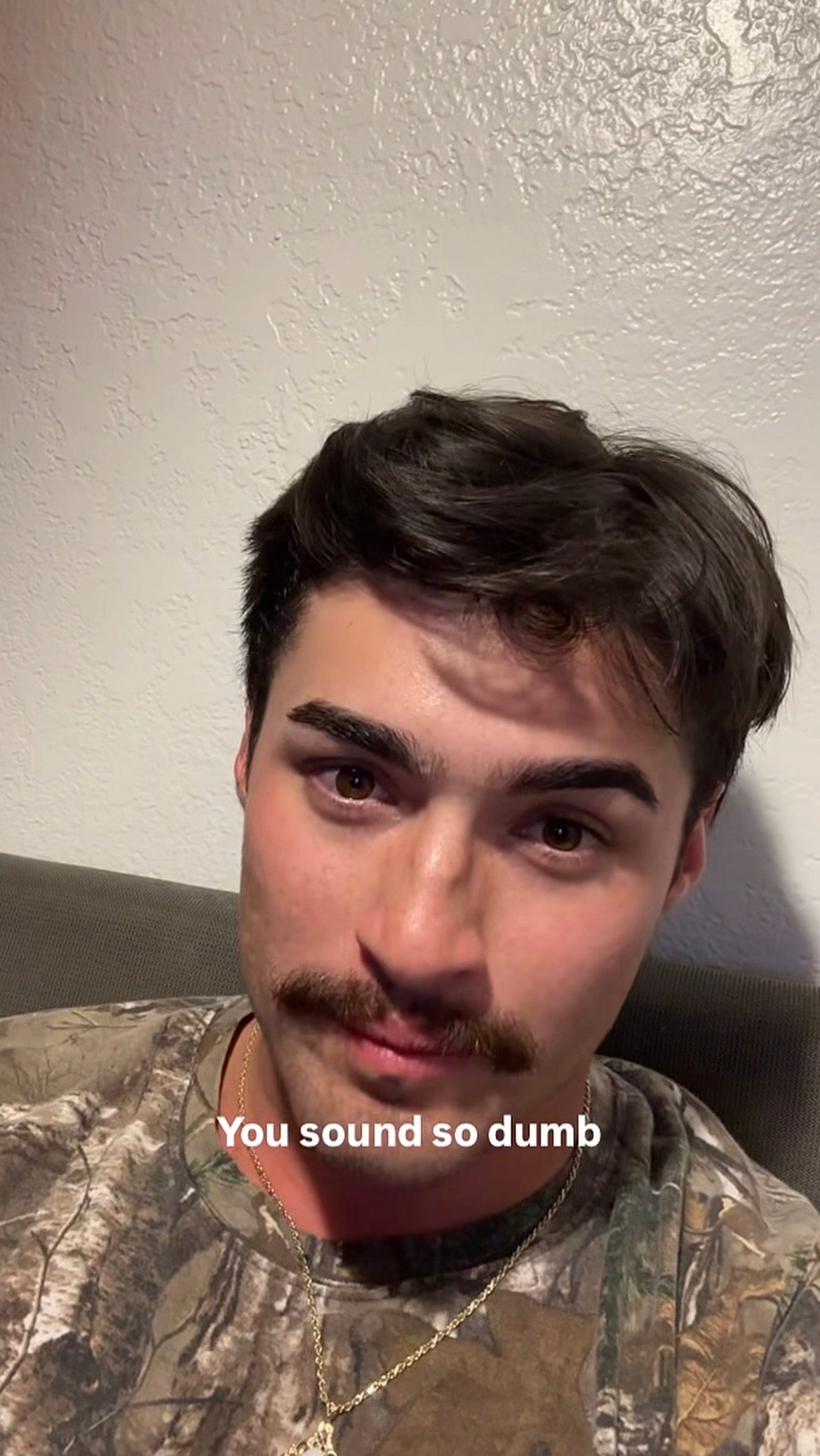 Man with a mustache and casual camo shirt sitting on a couch, text overlay reads: "You sound so dumb."