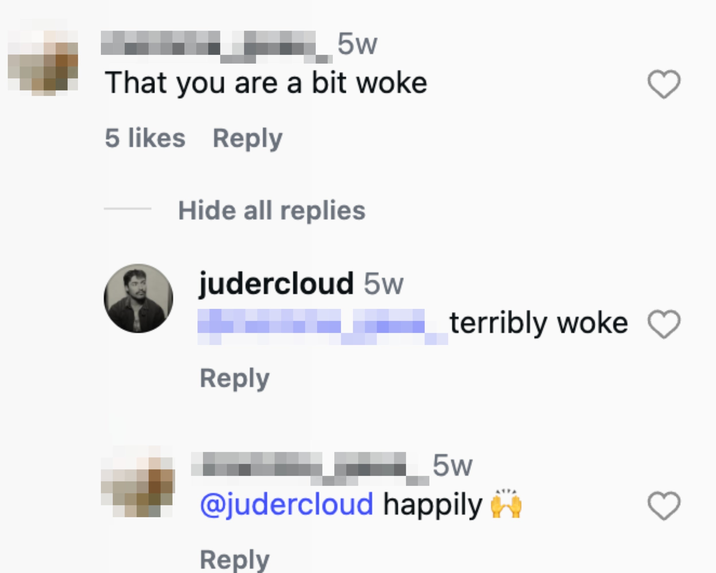 Instagram comments discussing being "woke," with users expressing differing views on the term