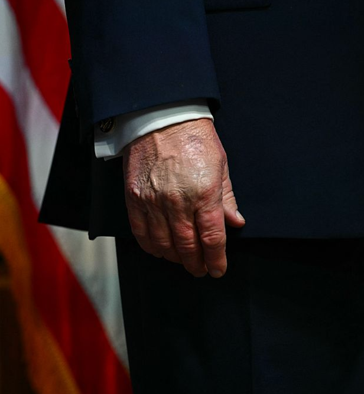 Close-up of a person's hand in a suit, next to a blurred waving flag, conveying formality and possible political or official context