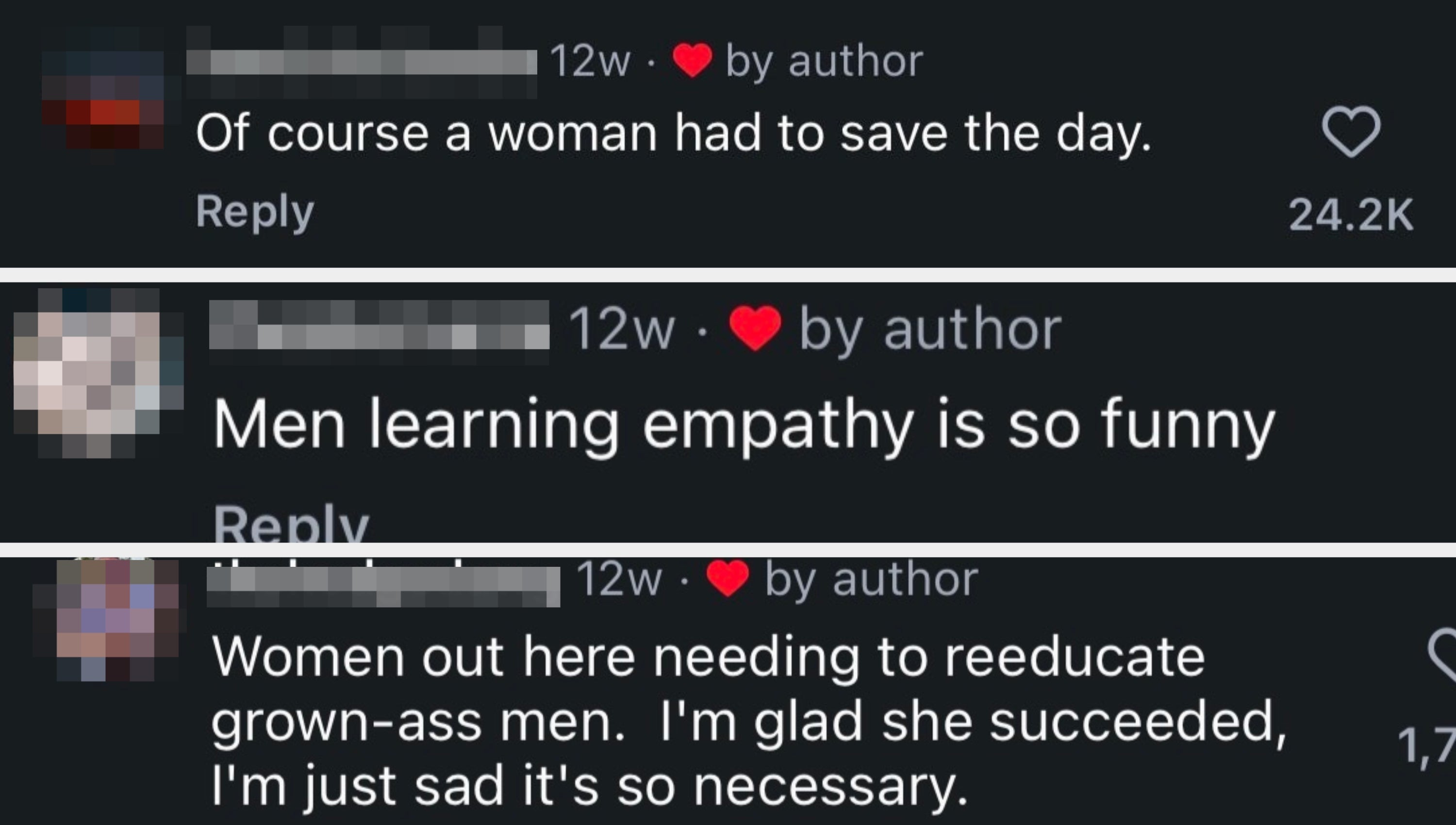 Social media comment saying, "Of course a woman had to save the day." The comment has 24.2K likes
