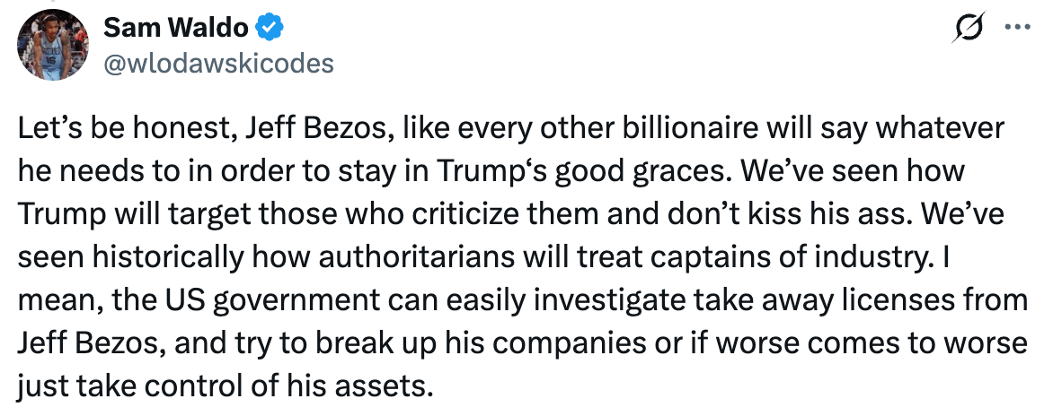 Tweet discusses Trump's influence over billionaires like Bezos, mentioning how Trump will target those who "don't kiss his ass"