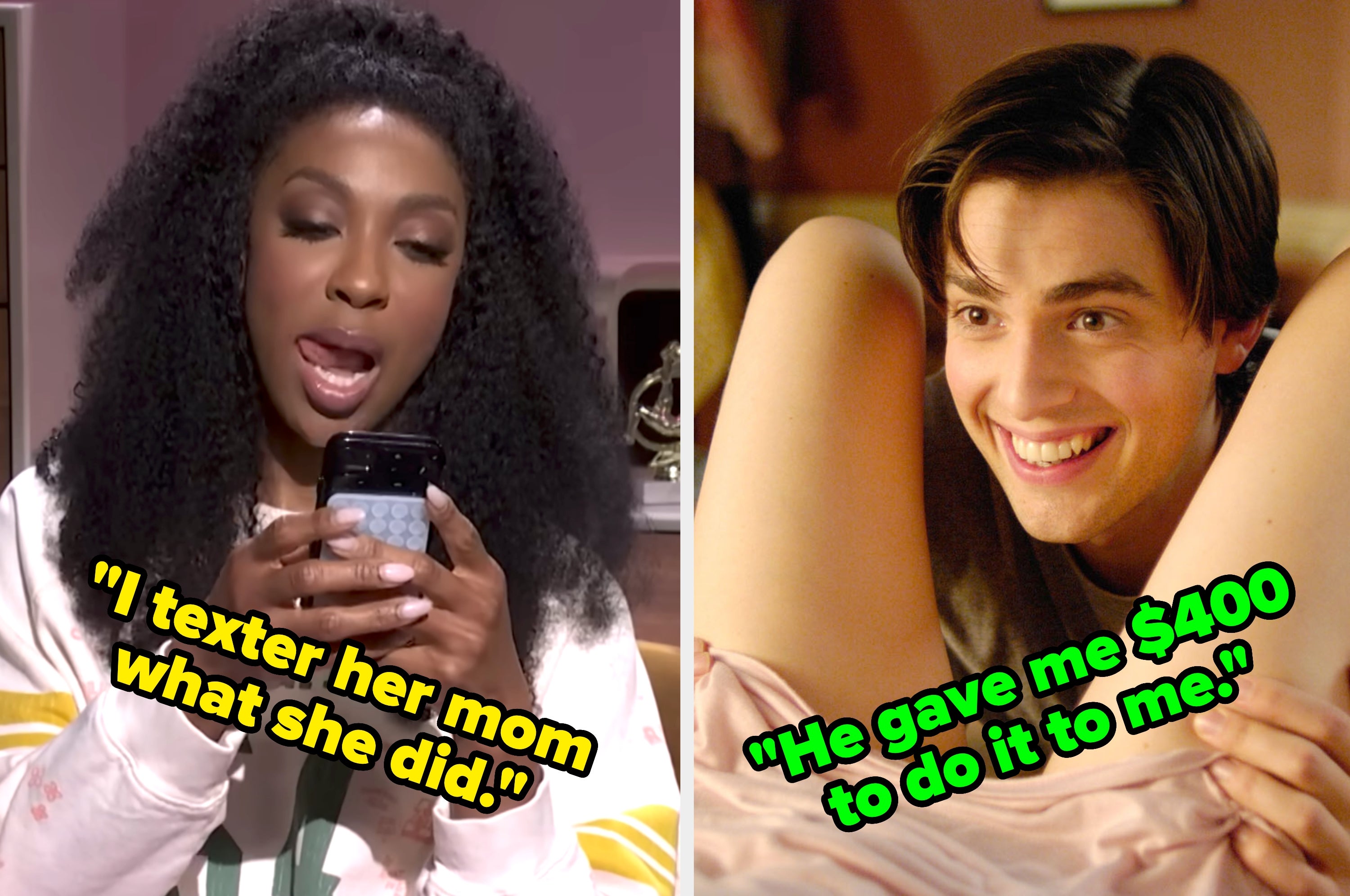 Split images: Left shows shirtless young man with confession text. Right shows couple on couch with text about lying for a happy ending massage