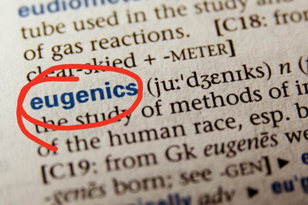 A dictionary entry for "eugenics" is highlighted with a red circle, showing its pronunciation and definition related to human reproduction