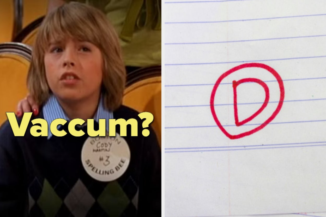 A child in a spelling bee with "Vaccum?" and a red D-grade on the right