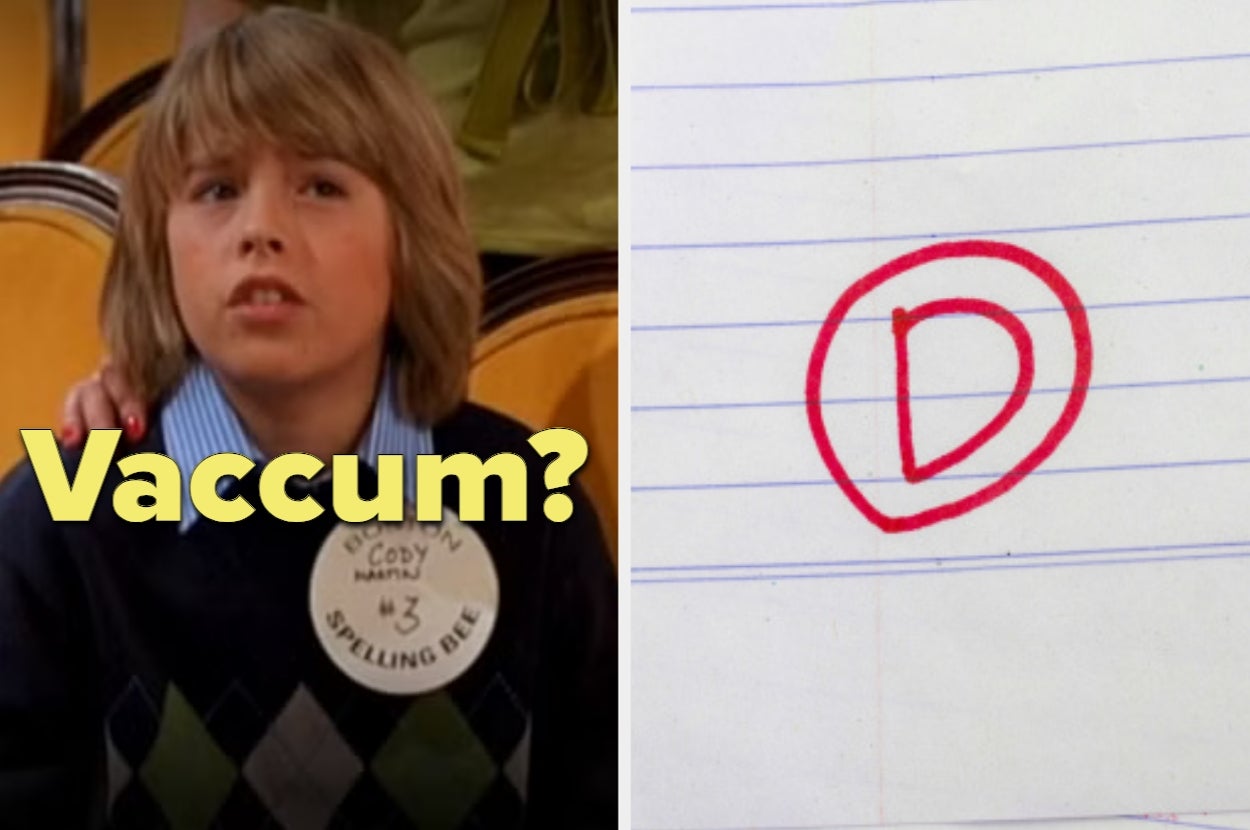 A child in a spelling bee with "Vaccum?" and a red D-grade on the right
